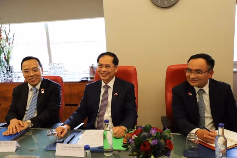 Le ministre des Affaires étrangères, Bùi Thanh Son (au centre) lors de la réception. Photo : NDEL.