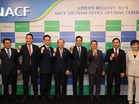 Les délégués lors de la cérémonue d'ouverture du Bureau de la Nonghyup au Vietnam. Photo : Yonhap.