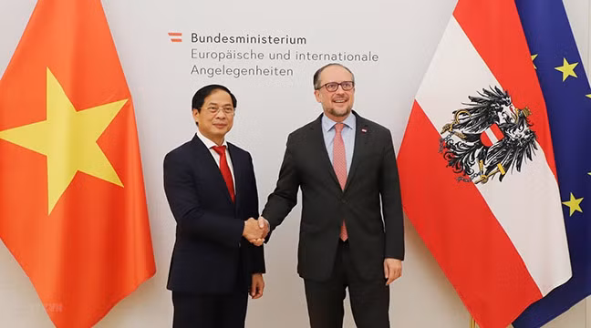Le ministre des Affaires étrangères, Bùi Thanh Son (à gauche), et le ministre autrichien des Affaires étrangères, Alexander Schallenberg en septembre 2022 à Vienne. Photo : VNA.