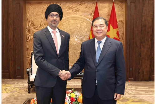 Pham Gia Tuc, membre du Bureau politique, secrétaire et chef du Bureau du Comité central du Parti communiste du Vietnam, reçoit l’ambassadeur de Singapour, Rajpal Singh. Photo : VNA.