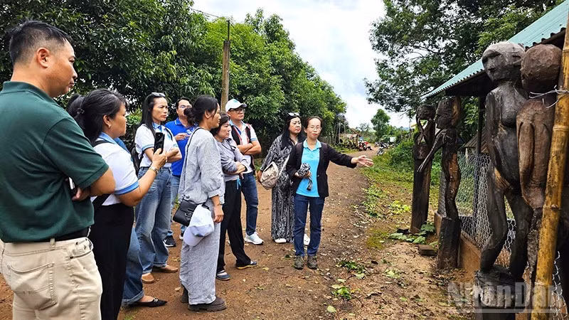 Les visiteurs découvrent et expérimentent les maisons funéraires ainsi que les statues funéraires du peuple Jrai. Photo : nhandan.vn
