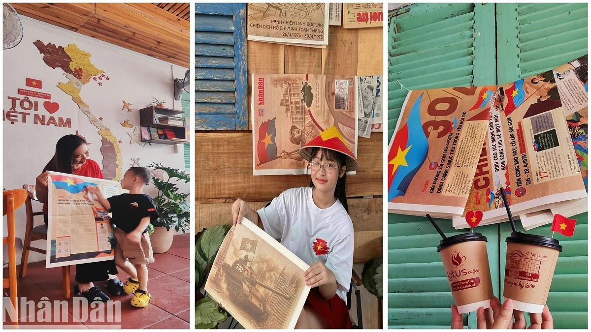 Des clients posent pour des photos souvenirs avec le supplément au café Lotus Coffee et au café Tiem Nha Minh à Dong Thap. Photo : NDEL. phu-san-2.jpg