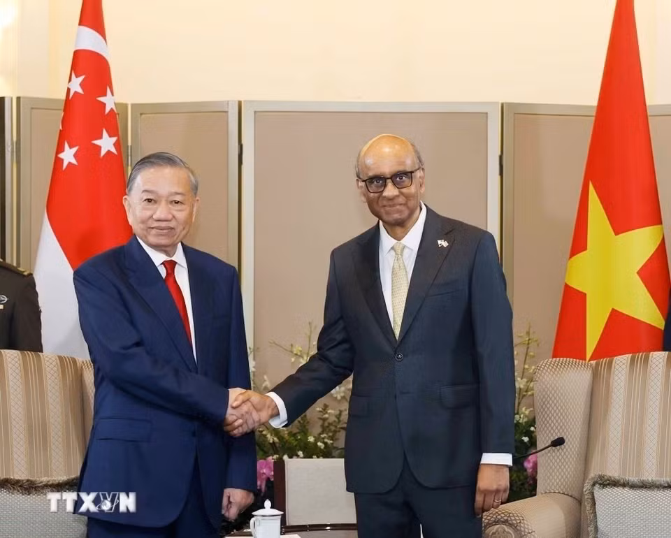 Le secrétaire général du PCV et président de la République, To Lam (à gauche), et le président de Singapour, Tharman Shanmugaratnam.