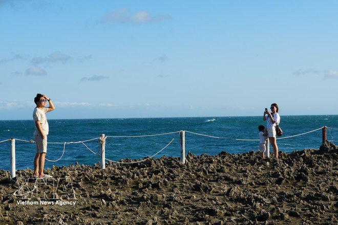 Des touristes prennent des photos pour immortaliser de beaux moments. Photo : VNA.