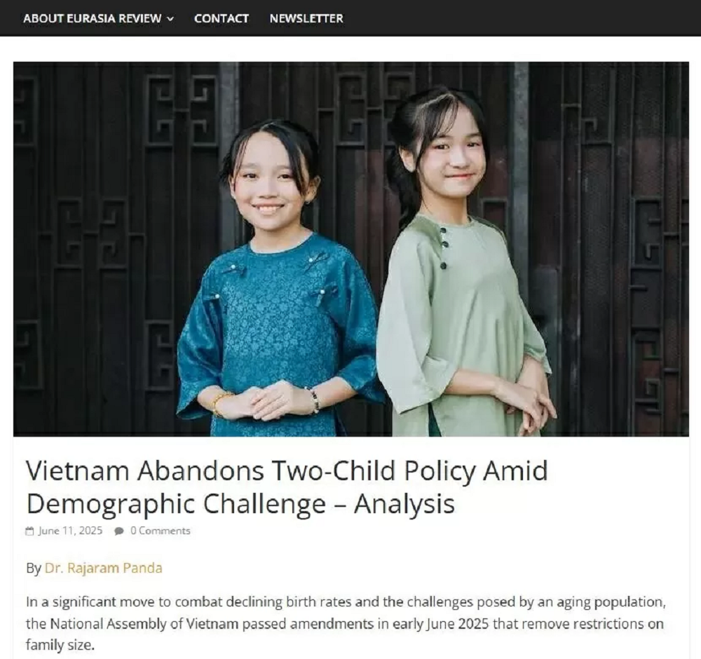 L'article « Vietnam Abandons Two-Child Policy Amid Demographic Challenge – Analysis » publié le 11 juin sur Eurasia Review. Photo : capture d'écran. hoc-gia-inde-bqt.jpg
