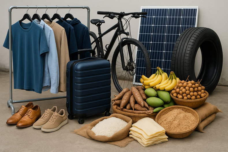 Les principaux produits d'exportation comprennent les vêtements, les chaussures, les articles de voyage, les vélos, les pneus automobiles, les panneaux solaires et les produits agricoles potentiels, tels que le riz, le caoutchouc, le manioc, les bananes, les mangues et les longanes. Les principaux produits d'exportation comprennent les vêtements, les chaussures, les articles de voyage, les vélos, les pneus automobiles, les panneaux solaires et les produits agricoles potentiels, tels que le riz, le caoutchouc, le manioc, les bananes, les mangues et les longanes.