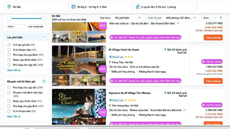 Sur les plateformes de réservation hôtelière en ligne, de nombreux établissements situés dans le vieux quartier ou à proximité du Mausolée de Ho Chi Minh affichent complet pour les vacances du 2 septembre. Sur les plateformes de réservation hôtelière en ligne, de nombreux établissements situés dans le vieux quartier ou à proximité du Mausolée de Ho Chi Minh affichent complet pour les vacances du 2 septembre.