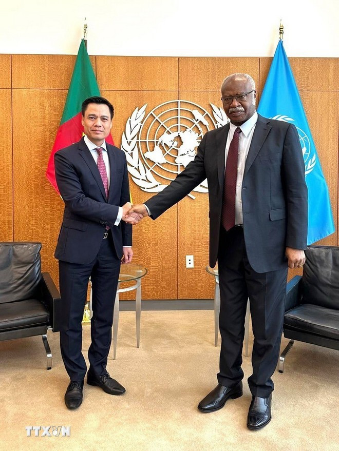 L'ambassadeur Dang Hoàng Giang (à gauche) et le président de la 79e session de l’Assemblée générale des Nations Unies, Philemon Yang. Photo : VNA. L'ambassadeur Dang Hoàng Giang (à gauche) et le président de la 79e session de l’Assemblée générale des Nations Unies, Philemon Yang. Photo : VNA.