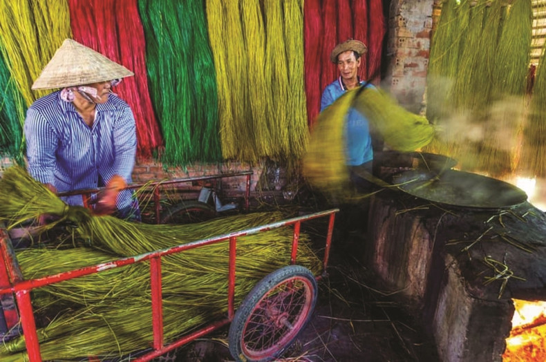 Les habitants du village de Dong Binh teignent et sèchent les carex pour fabriquer des nattes. Photo : baodantoc. Les habitants du village de Dong Binh teignent et sèchent les carex pour fabriquer des nattes. Photo : baodantoc.
