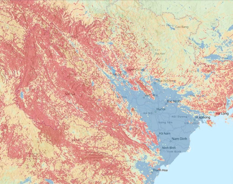 Carte des zones à risque de glissement de terrain, où le rouge indique le niveau de risque le plus élevé. Source : IFC.