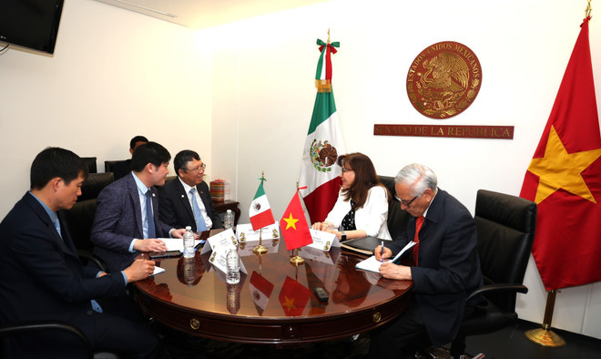 Rencontre entre l’ambassadeur du Vietnam au Mexique, Nguyên Van Hai et la présidente de la Commission des relations extérieures Asie-Pacifique du Sénat mexicain, Yeidckol Polevnsky Gurwitz. Photo : VNA