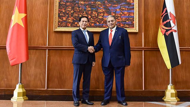 Le ministre vietnamien des AE, Bùi Thanh Son et le 2e ministre des AE du Brunei, Dato Erywan Pehin Yusof. Photo : baoquocte.vn.