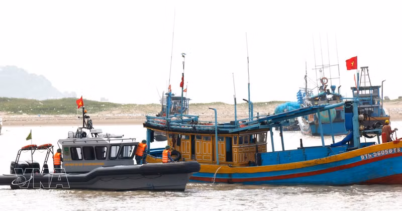 Des gardes-frontières inspectent des bateaux de pêche au port de pêche de La Gi. Photo : VNA.