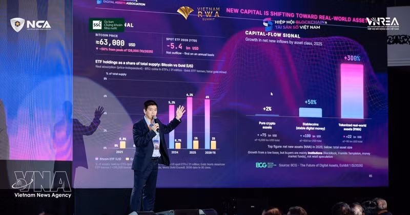 Phan Duc Trung, président de l'Association de la blockchain et des actifs numériques du Vietnam (VBA), partage son point de vue sur la nécessité de construire une infrastructure de confiance pour le marché des actifs numériques lors du Sommet sur la tokenisation d'actifs réels au Vietnam 2026 (Vietnam RWA Summit 2026). Photo : VNA.