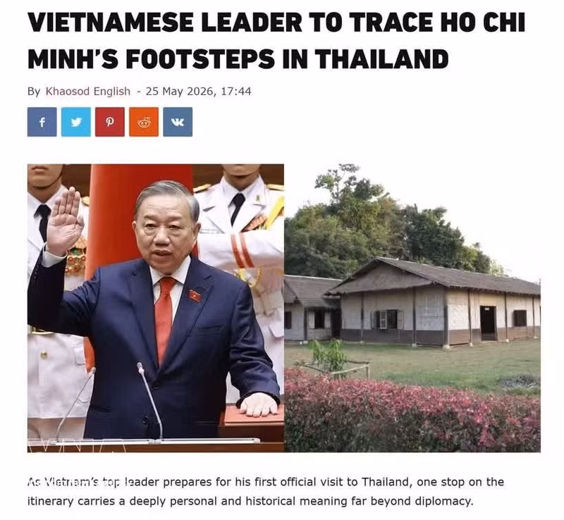 Capture d’écran de l’article « Le dirigeant vietnamien sur les traces du Président Hô Chi Minh en Thaïlande », publié par Khaosod English le 25 mai. Photo : VNA.