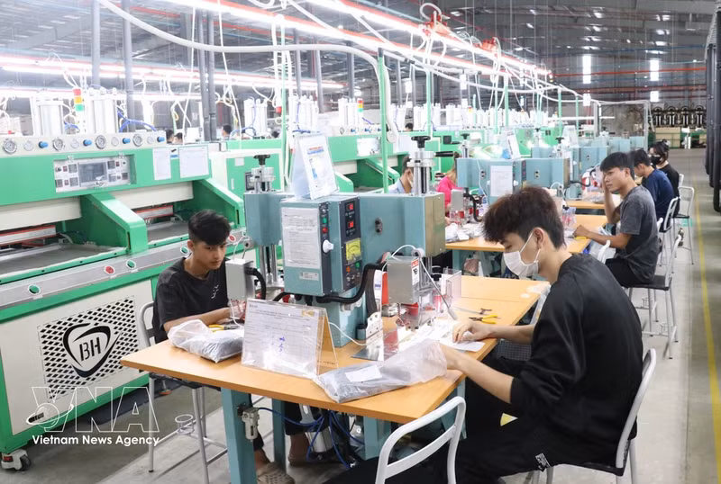 Des ouvriers travaillent sur une chaîne de production dans une entreprise de Tay Ninh. Photo : VNA.