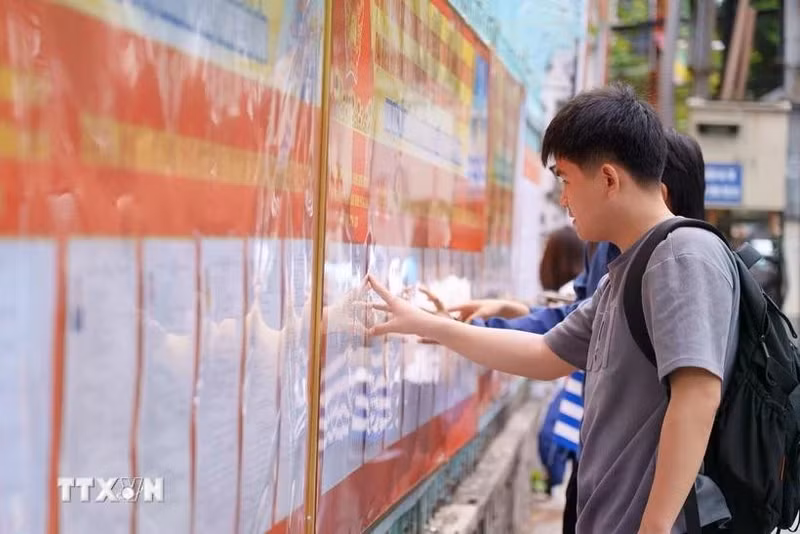 Des étudiants de Université pédagogique et technique – Université de Da Nang consultent la liste des candidats affichée au sein de l’établissement. Photo : VNA.