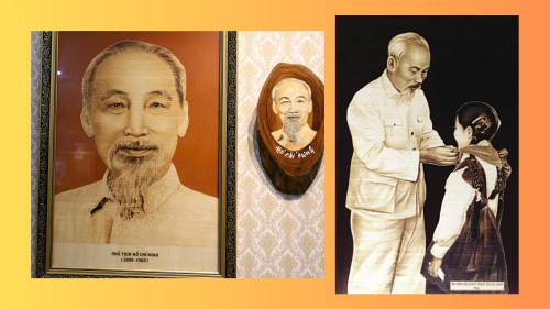 Portraits du Président Hô Chi Minh créés à partir de feuilles de palmier de Palmyre, par l'artisan Vo Van Tang (de la province d’An Giang). Photo : My Hanh/NDEL.