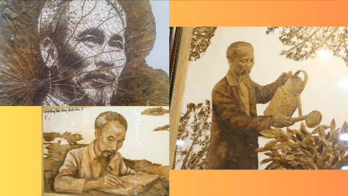 Portraits du Président Hô Chi Minh réalisés à partir de feuilles de lotus par l'artisan Le Van Bay (alias Bay Nghia, de la province de Dong Thap). Photo : My Hanh/NDEL.