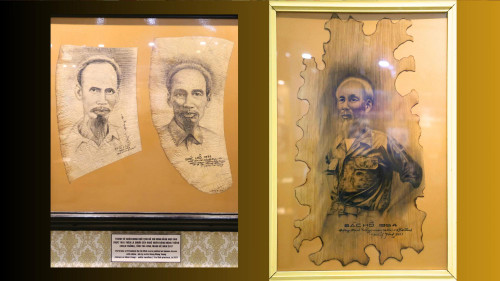 Portrait du Président Hô Chi Minh à l'encre de Chine sur feuilles de bananier et spathes d'aréquier, réalisés par l'artiste Dang Mong Tuong (alias Nhan Trang). Photo : My Hanh/NDEL.