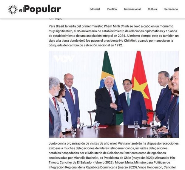L'article publié sur la page électronique du journal El Popular (Le Peuple) du Parti communiste uruguayen. Photo: VNA