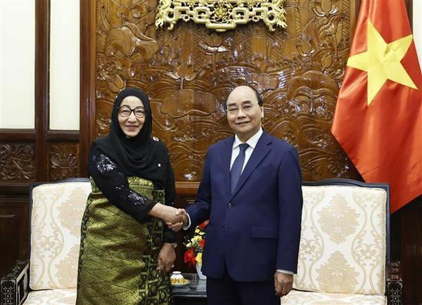 Le Président Nguyên Xuân Phuc et l'ambassadrice du Brunei Datin Paduka Malai Hajah Halimah Malai Haji Yussof. Photo : VNA. Le Président Nguyên Xuân Phuc et l'ambassadrice du Brunei Datin Paduka Malai Hajah Halimah Malai Haji Yussof. Photo : VNA.