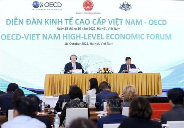 Le secrétaire général de l’OCDE, Mathias Cormann et le ministre du Plan et de l’Investissement Nguyên Chi Dung président le forum. Photo : VNA.