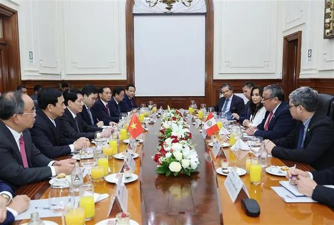 Entrevue entre le président vietnamien Luong Cuong et le président du Conseil des ministres du Pérou, Gustavo Adriazén. Photo : VNA. Entrevue entre le président vietnamien Luong Cuong et le président du Conseil des ministres du Pérou, Gustavo Adriazén. Photo : VNA.