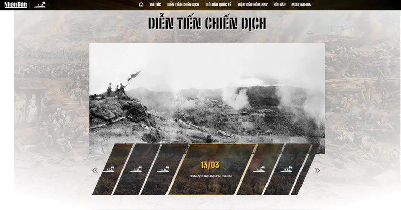 L’élément le plus remarquable de cette page est la carte de campagne, qui retrace en détail les événements des 56 jours et nuits de la campagne de Diên Biên Phu, sous la forme de 56 journaux, du 13 mars 1954 au 7 mai 1954.