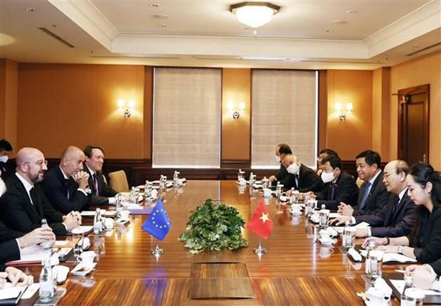 Panorama de la rencontre entre le Président Nguyên Xuân Phuc et le président du Conseil européen, Charles Michel. Photo : VNA. Panorama de la rencontre entre le Président Nguyên Xuân Phuc et le président du Conseil européen, Charles Michel. Photo : VNA.