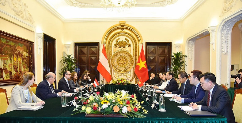 Entretien entre le ministre des Affaires étrangères Bùi Thanh Son et son homologue autrichien Alexander Schallenberg, à Hanoi, le 17 avril. Photo : BQT.
