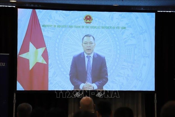 Le vice-ministre vietnamien de l’Industrie et du Commerce, Dang Hoàng An, paricipe au colloque par visioconférence. Photo : VNA.. Le vice-ministre vietnamien de l’Industrie et du Commerce, Dang Hoàng An, paricipe au colloque par visioconférence. Photo : VNA..