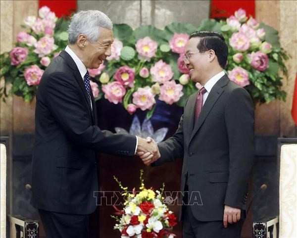 Le Président de la République, Vo Van Thuong (à droite) et le Premier ministre singapourien, Lee Hsien Loong. Photo : VNA. Le Président de la République, Vo Van Thuong (à droite) et le Premier ministre singapourien, Lee Hsien Loong. Photo : VNA.