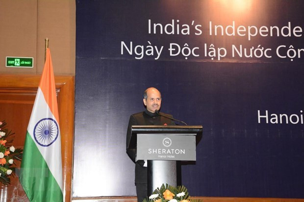 L’ambassadeur d’Inde au Vietnam Sandeep Arya s’exprime lors de la cérémonie marquant le 76e anniversaire du Jour de l’Indépendance de l’Inde. Photo : VNA.