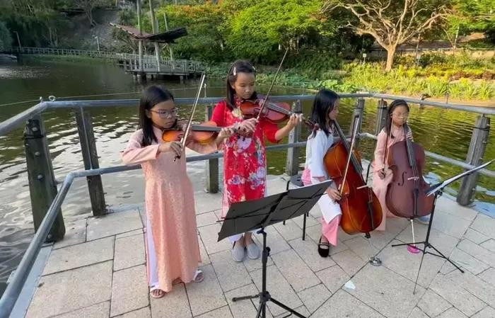 Le quatuor à cordes « Tu tâu dàn dây 4A » interprète « Bèo dat mây trôi ». Photo : baoquocte.vn.