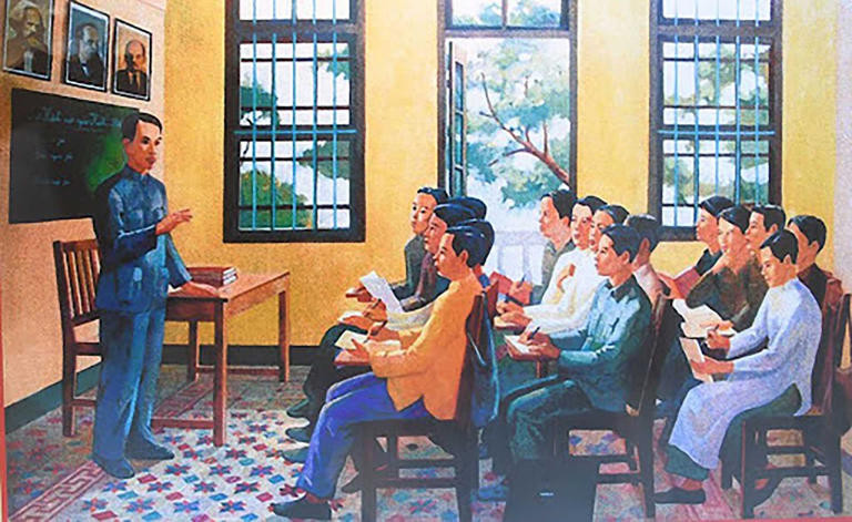 Illustration : « Nguyên Ai Quôc enseignant lors d’une session de formation pour cadres révolutionnaires vietnamiens à Canton, en Chine ». Illustration : « Nguyên Ai Quôc enseignant lors d’une session de formation pour cadres révolutionnaires vietnamiens à Canton, en Chine ».
