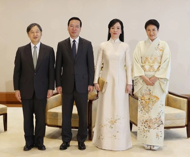 Le Président du Vietnam, Vo Van Thuong, et son épouse rencontrent l'Empereur Naruhito et l'impératrice du Japon. Photo : VNA.