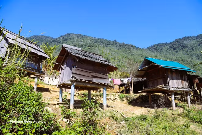 Ces greniers, surélevés sur quatre piliers en bois, permettent de prévenir les incendies et de conserver les denrées au sec et en toute sécurité. Photo : VNA.