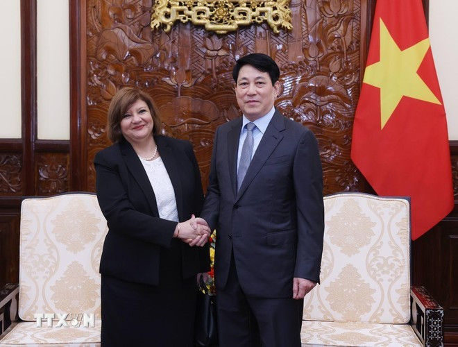 Dans l'après-midi du 1er juillet 2025, au palais présidentiel, le président Luong Cuong reçoit l'ambassadrice d'Égypte, Amal Abdel Kader Elmorsi Salama, venue prendre congé au terme de son mandat au Vietnam. Photo : VNA. Dans l'après-midi du 1er juillet 2025, au palais présidentiel, le président Luong Cuong reçoit l'ambassadrice d'Égypte, Amal Abdel Kader Elmorsi Salama, venue prendre congé au terme de son mandat au Vietnam. Photo : VNA.