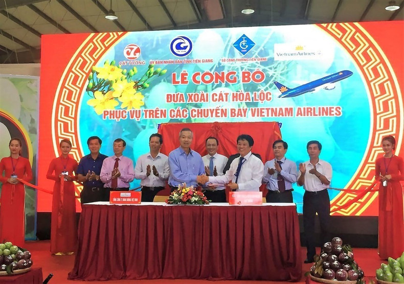 Le 14 février 2019, la cérémonie d’introduction de la mangue Cat Hoa Loc sur les vols de Vietnam Airlines s’est tenue dans la ville de My Tho. Photo : Vietnamairlines Le 14 février 2019, la cérémonie d’introduction de la mangue Cat Hoa Loc sur les vols de Vietnam Airlines s’est tenue dans la ville de My Tho. Photo : Vietnamairlines