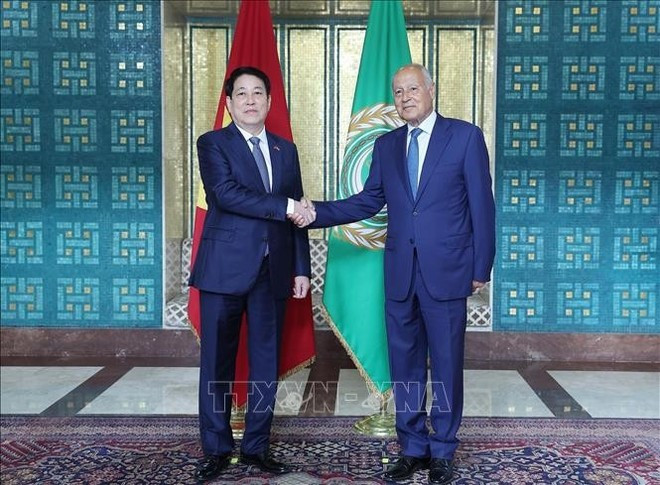 Le président Luong Cuong (gauche) est accueilli par Ahmed Aboul Gheit, secrétaire général de la Ligue des États arabes. Photo : VNA. Le président Luong Cuong (gauche) est accueilli par Ahmed Aboul Gheit, secrétaire général de la Ligue des États arabes. Photo : VNA.