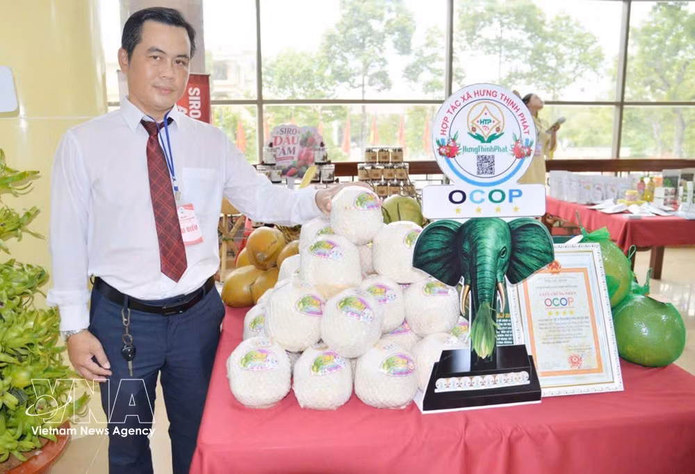 Nguyên Trung Quy, directeur de la coopérative agricole propre Hung Thinh Phat, présente les produits OCOP de la coopérative. Photo : VNA