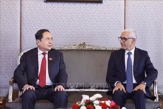 Le président de l'AN du Vietnam Tran Thanh Man a eu une brève réunion avec le président de la Chambre des représentants du Maroc Rachid Talbi Alami. Photo : VNA.