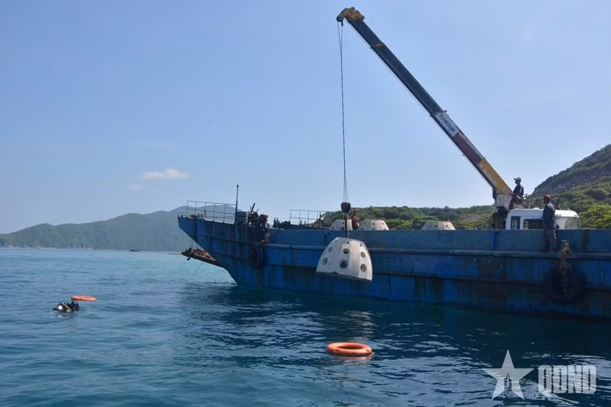 Une grue immerge un module récifal.