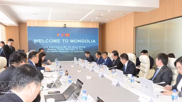 Séance de travail entre le vice-Premier ministre vietnamien Ho Quoc Dung et le premier vice-Premier ministre et ministre mongol de l'Économie et du Développement, Jadamba Enkhbayar. Photo : VNA. 