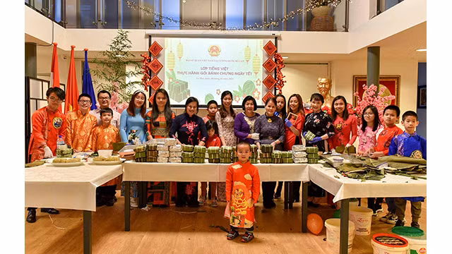 Les « bánh chưng » verts et en forme carrée, pleins de la saveur traditionnelle du Têt traditionnel de la nation confectionnés par des enfants contribuent à perpétuer les « banh chung » du Têt aux Pays-Bas. Photo : baoquocte.vn