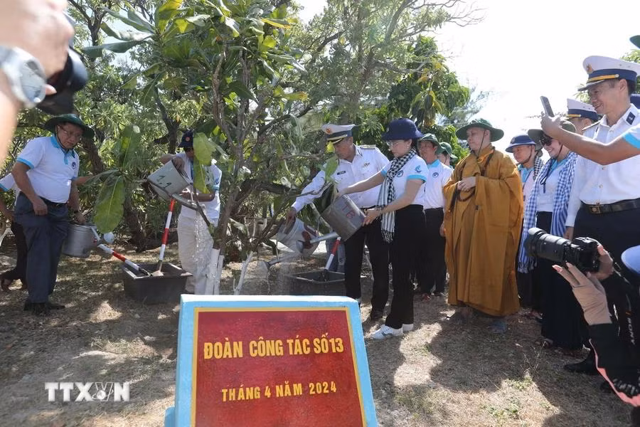 Lors de sa visite à Truong Sa, la délégation n°13, en collaboration avec les soldats et habitants insulaires, plante des arbres.