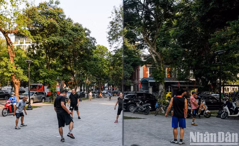 Les activités sportives quotidiennes des personnes au jardin de fleurs de Diên Hông se reflètent sur les parois. Photo : nhandan.vn