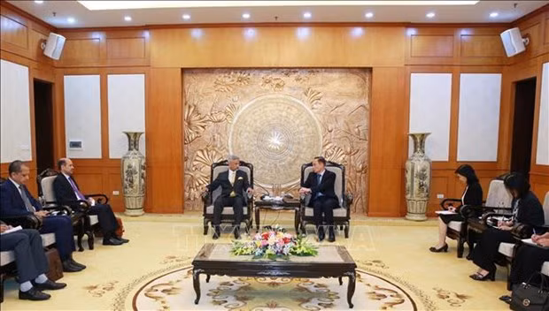 Le chef de la Commission centrale des Relations extérieures du Parti communiste du Vietnam, Lê Hoài Trung (à droite), et le ministre indien des Affaires étrangères Subramanyam Jaishankar. Photo : VNA.