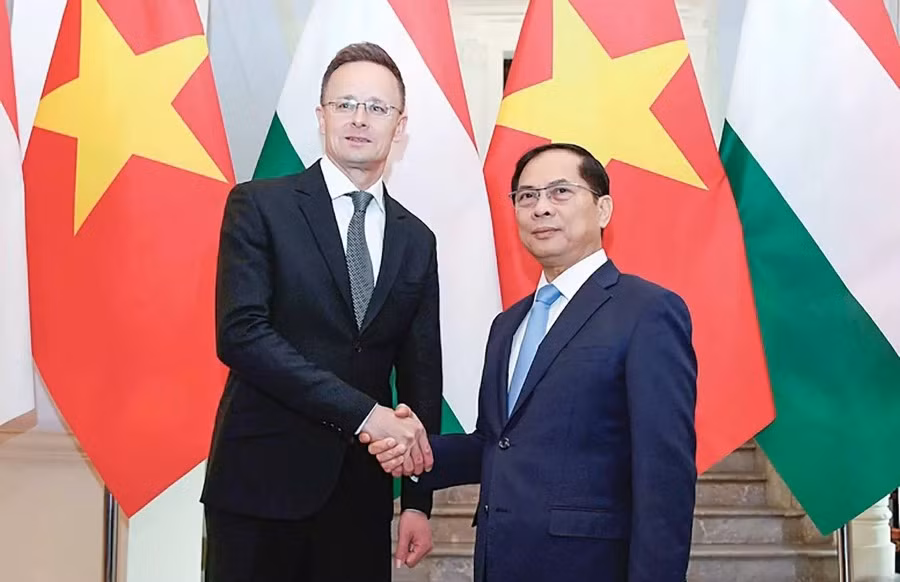 Le vice-Premier ministre, ministre vietnamien des Affaires étrangères Bui Thanh Son, accueille le ministre hongrois Szijjarto Peter le 19 mars. Photo : Hai Minh. Le vice-Premier ministre, ministre vietnamien des Affaires étrangères Bui Thanh Son, accueille le ministre hongrois Szijjarto Peter le 19 mars. Photo : Hai Minh.